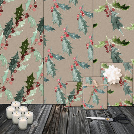 Rustic Kraft Christmas Floral Holly Red Berries Geschenkpapier Set
