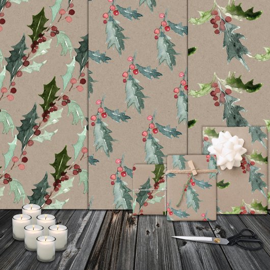 Rustic Kraft Christmas Floral Holly Red Berries Geschenkpapier Set