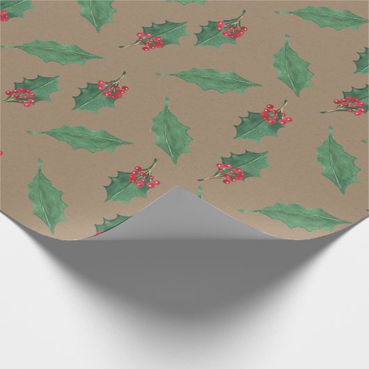 Rustic Kraft Christmas Green Holly Red Berries Geschenkpapier (Ecke)