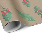 Rustic Kraft Christmas Green Holly Red Berries Geschenkpapier (Rolleneckpunkt)