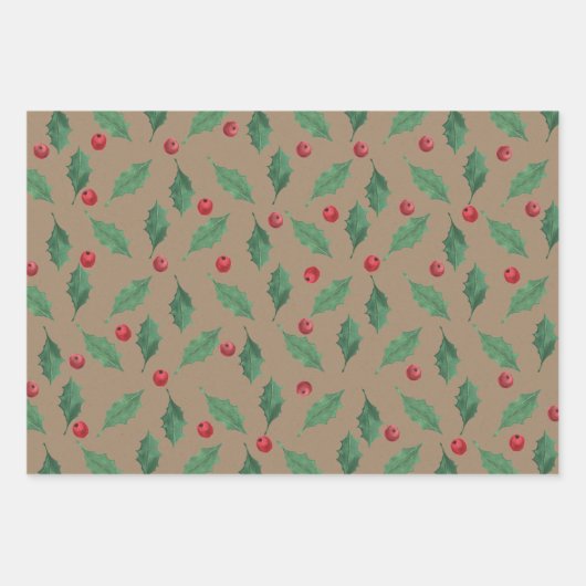 Rustic Kraft Christmas Holly & Berries Geschenkpapier Set (Vorderseite 3)
