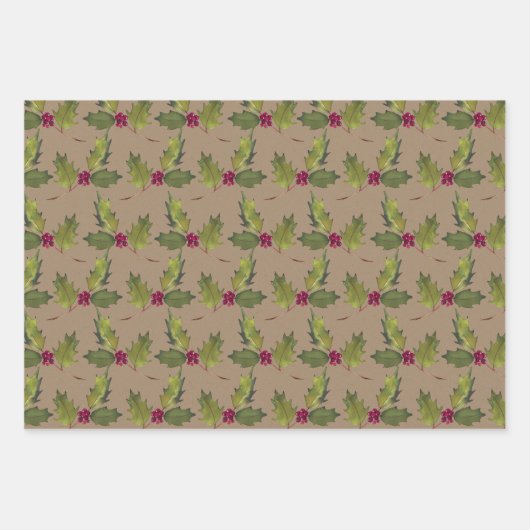 Rustic Kraft Christmas Holly & Berries Geschenkpapier Set (Vorderseite 2)