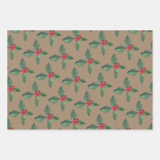 Rustic Kraft Christmas Holly & Berries Geschenkpapier Set (Vorderseite)