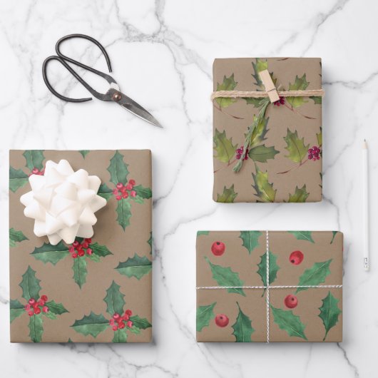 Rustic Kraft Christmas Holly & Berries Geschenkpapier Set (Vorderseite)