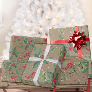 Rustic Kraft Christmas Holly Berries Spruce Twigs Geschenkpapier