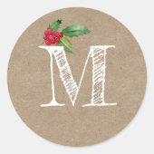 Rustic Kraft Christmas Holly Monogram Initial Runder Aufkleber (Vorderseite)