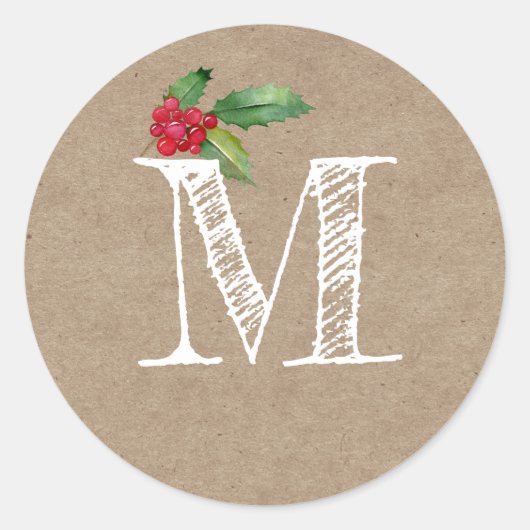 Rustic Kraft Christmas Holly Monogram Initial Runder Aufkleber (Vorderseite)