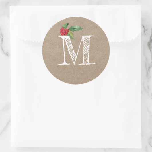 Rustic Kraft Christmas Holly Monogram Initial Runder Aufkleber (Tasche)
