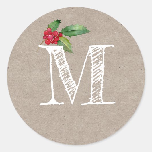 Rustic Kraft Christmas Holly Monogram Initial Runder Aufkleber (Vorderseite)