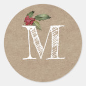 Rustic Kraft Christmas Holly Monogram Initial Runder Aufkleber (Vorderseite)