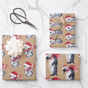 Rustic Kraft Christmas Penguins Geschenkpapier Set