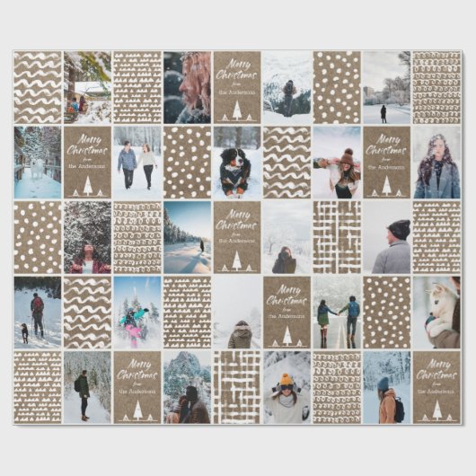 Rustic Kraft Christmas Personalize Collage Foto Geschenkpapier (Flach)