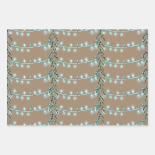 Rustic Kraft Christmas String Light Blue Green Geschenkpapier Set (Vorderseite 3)