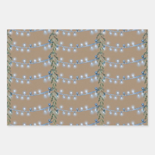 Rustic Kraft Christmas String Light Blue Green Geschenkpapier Set (Vorderseite 2)