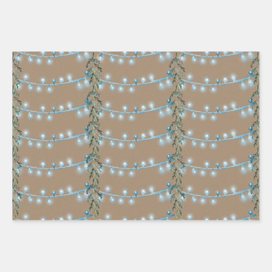 Rustic Kraft Christmas String Light Blue Green Geschenkpapier Set (Vorderseite)