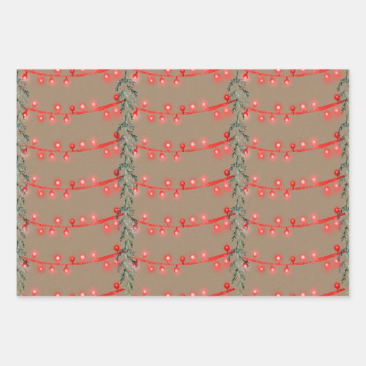 Rustic Kraft Christmas String Light Red Green Blue Geschenkpapier Set (Vorderseite)