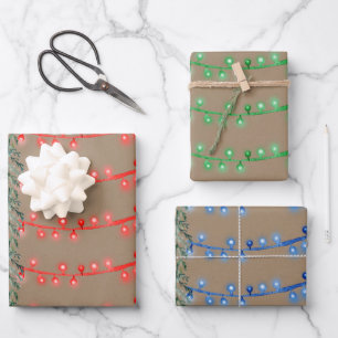 Rustic Kraft Christmas String Light Red Green Blue Geschenkpapier Set