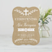 Rustic Kraft Cross & Foliage Christening Einladung (Stehend Vorderseite)