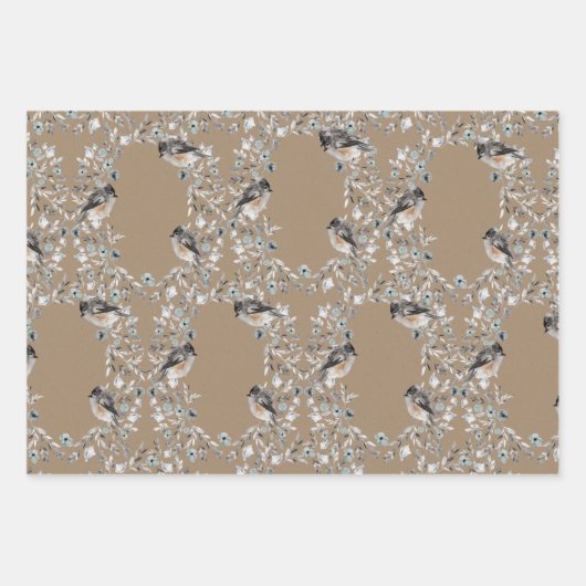 Rustic Kraft Dusty Blue Winter Birds Nesting Geschenkpapier Set (Vorderseite 3)