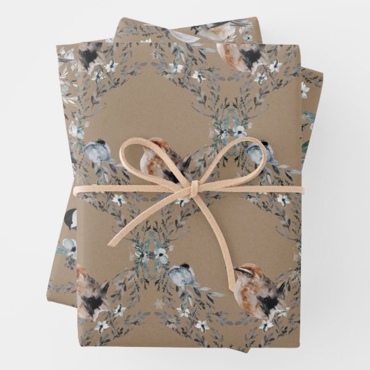 Rustic Kraft Dusty Blue Winter Birds Nesting Geschenkpapier Set (Beispiel)