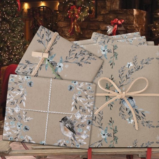 Rustic Kraft Dusty Blue Winter Florals & Birds Geschenkpapier Set