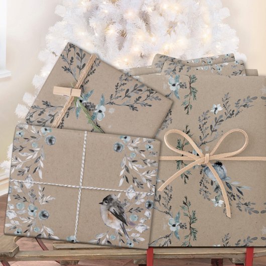 Rustic Kraft Dusty Blue Winter Florals & Birds Geschenkpapier Set