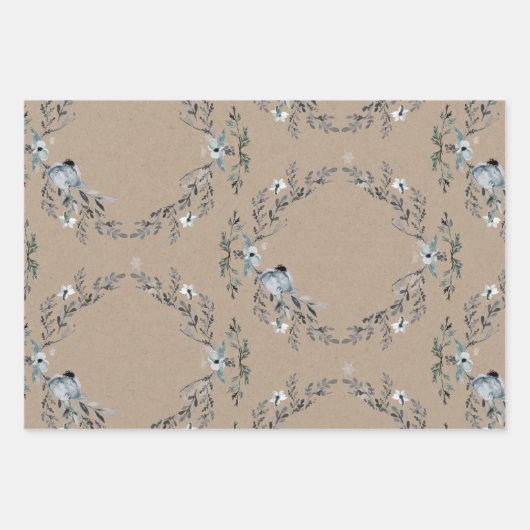 Rustic Kraft Dusty Blue Winter Florals & Birds Geschenkpapier Set (Vorderseite)