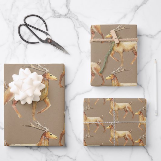 Rustic Kraft Elegant Gold Reindeer Stag Geschenkpapier Set (Vorderseite)