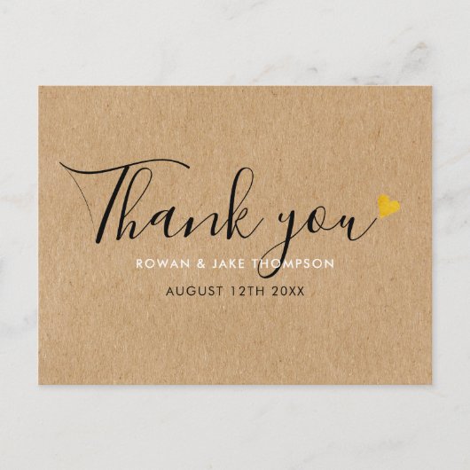 Rustic Kraft Elegant Script Gold Herz Vielen Dank Postkarte (Vorderseite)
