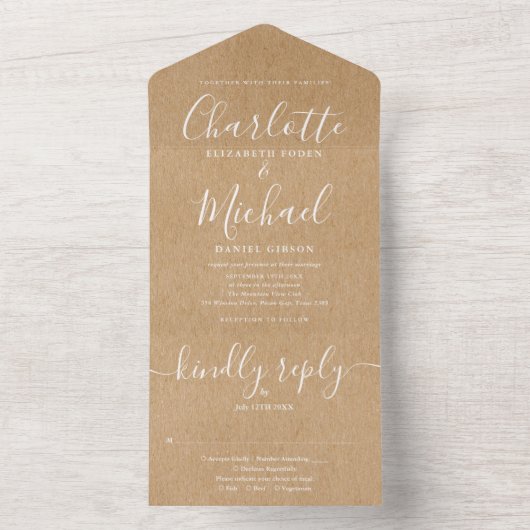 Rustic Kraft Elegant Script Minimalistisch Wedding All In One Einladung (Innen Boden)