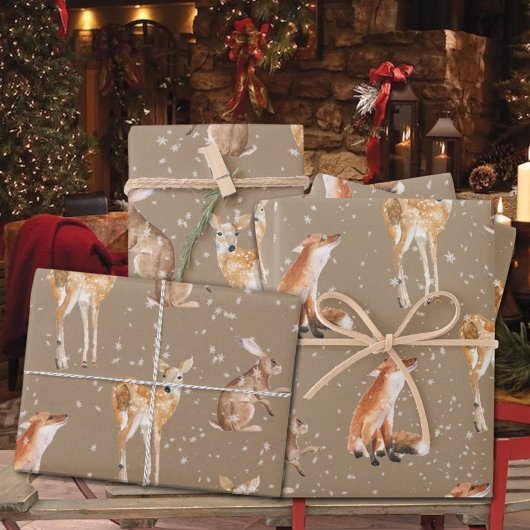 Rustic Kraft Elegant Snowy Winter Animals zusammen Geschenkpapier Set
