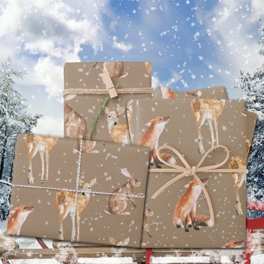 Rustic Kraft Elegant Snowy Winter Animals zusammen Geschenkpapier Set