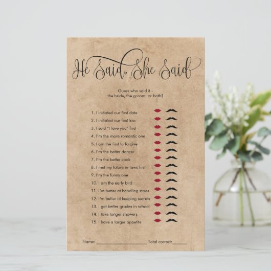 Rustic Kraft Er sagte, sie sagte, Brautparty Game (Stehend Vorderseite)