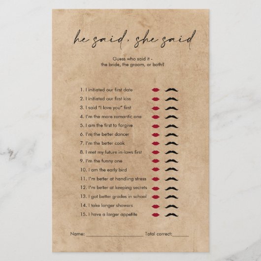 Rustic Kraft Er sagte, sie sagte, Brautparty Game (Vorderseite)