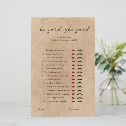 Rustic Kraft Er sagte, sie sagte, Brautparty Game (Stehend Vorderseite)
