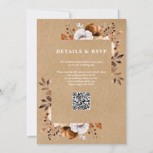 Rustic Kraft Fall Floral QR Code Wedding Einladung (Rückseite)