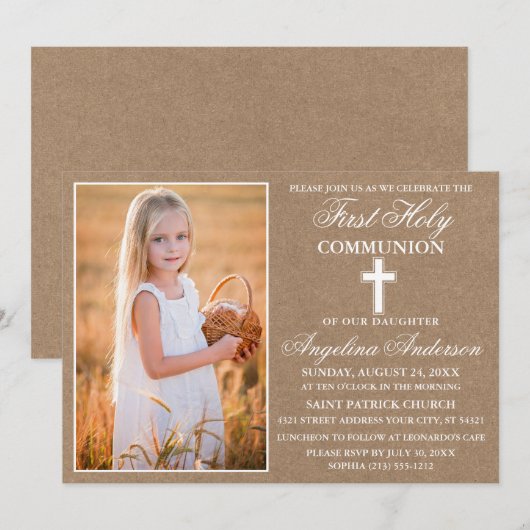 Rustic Kraft First Holy Communion Foto Einladung (Vorne/Hinten)