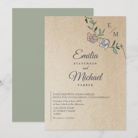 Rustic Kraft Floral Monogram Wedding Einladung (Vorne/Hinten)