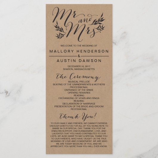 Rustic Kraft Floral Wedding Zeremony Program Programm (Vorderseite)