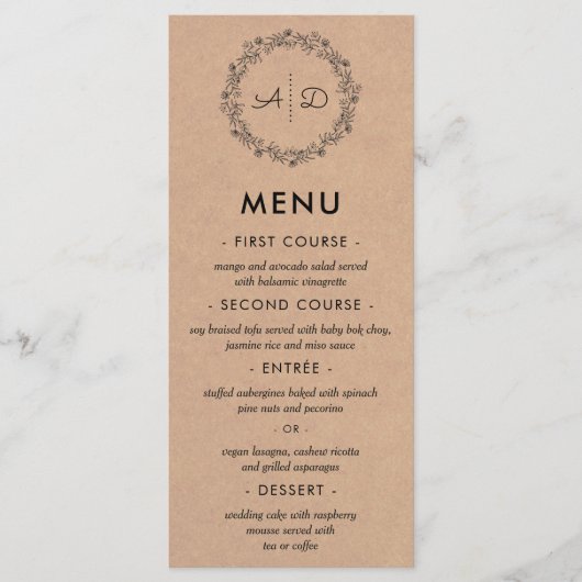 Rustic Kraft Floral Wreath Wedding Menu Menükarte (Vorderseite)