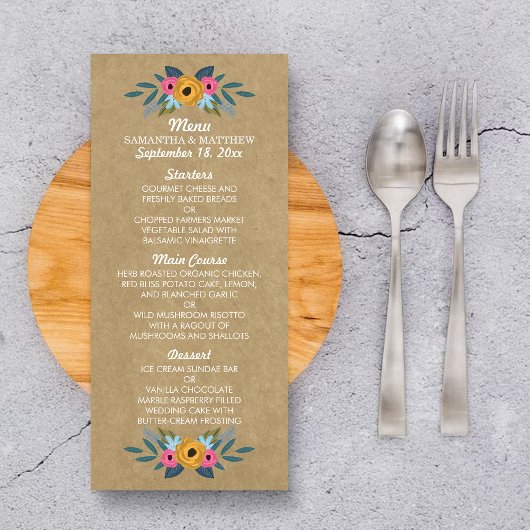 Rustic Kraft Floral Wreath Wedding Menu Werbekarte