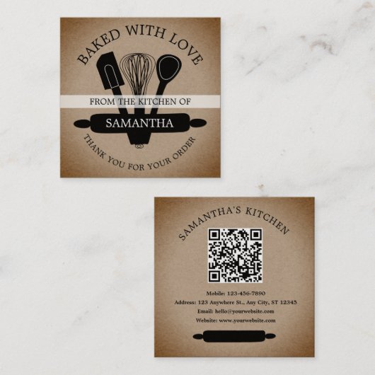 Rustic Kraft gebacken mit Liebe QR Code Vielen Dan Quadratische Visitenkarte (Vorne/Hinten)