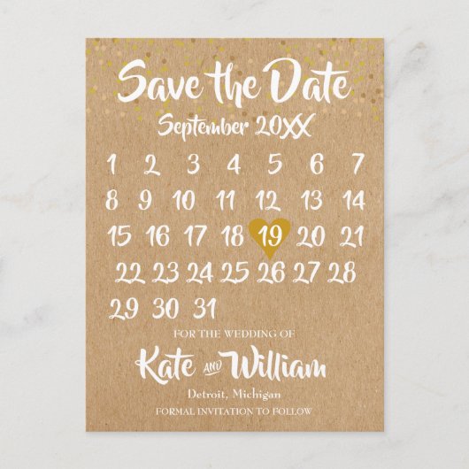 Rustic Kraft Gold Heart Calendar Save the Date Ankündigungspostkarte (Vorderseite)