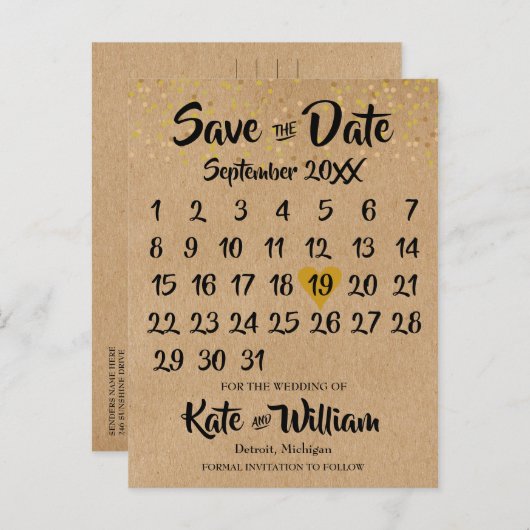 Rustic Kraft Gold Heart Calendar Save the Date Ankündigungspostkarte (Vorne/Hinten)