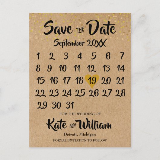 Rustic Kraft Gold Heart Calendar Save the Date Ankündigungspostkarte (Vorderseite)