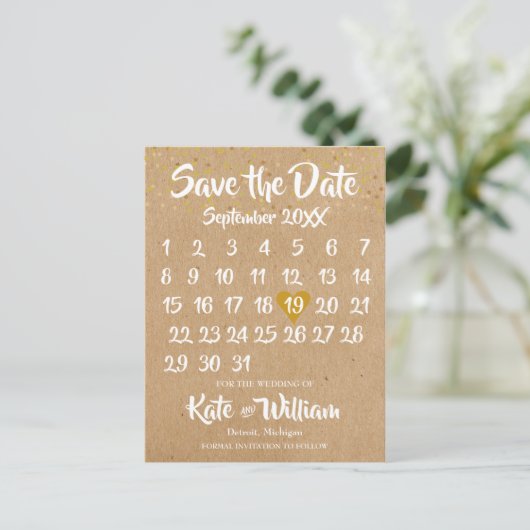 Rustic Kraft Gold Heart Calendar Save the Date Ankündigungspostkarte (Stehend Vorderseite)