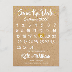 Rustic Kraft Gold Heart Calendar Save the Date Ankündigungspostkarte
