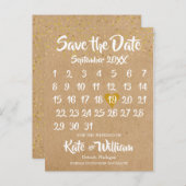 Rustic Kraft Gold Heart Calendar Save the Date Ankündigungspostkarte (Vorne/Hinten)