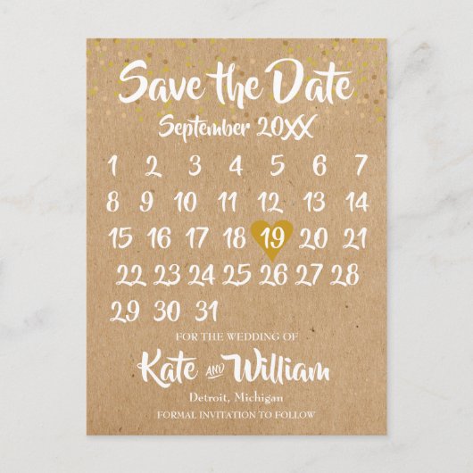 Rustic Kraft Gold Heart Calendar Save the Date Ankündigungspostkarte (Vorderseite)