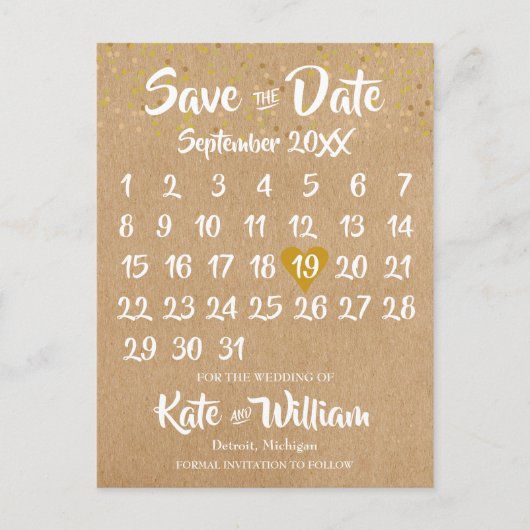 Rustic Kraft Gold Heart Calendar Save the Date Postkarte (Vorderseite)
